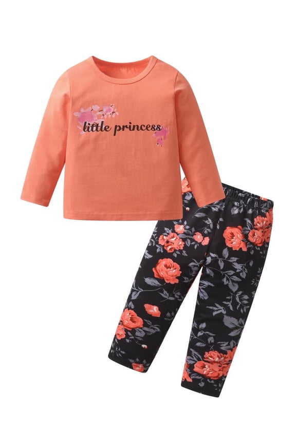 Toddler Baby Girl Clothes Long Sleeve Letter Tops Printed Pants Outfits Set Orange 4-5T