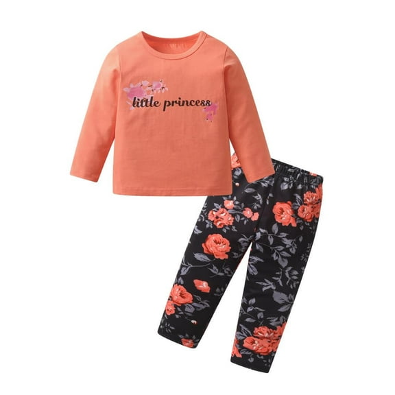 Toddler Baby Girl Clothes Long Sleeve Letter Tops Printed Pants Outfits Set Orange 5-6T