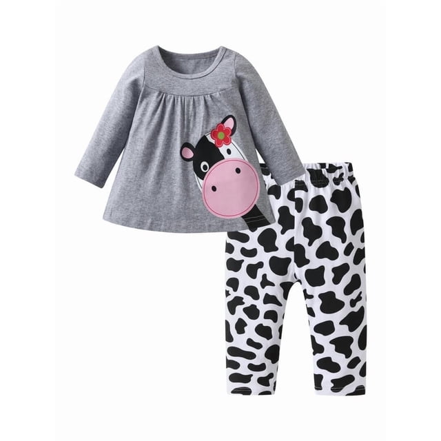 Toddler Baby Girl Clothes Long Sleeve Ruffle Tops Cow Style Pants Outfits Set Gray 3-6 Months