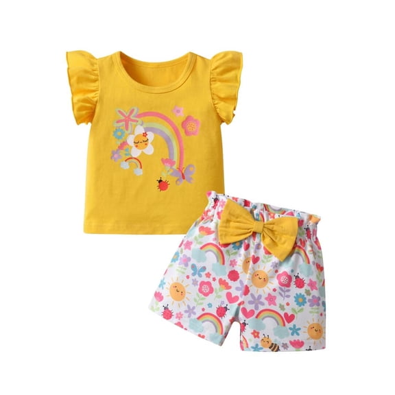 Toddler Baby Girl Clothes Rainbow Ruffled Tops and Bow Print Shorts Summer Outfits Yellow 6-9 Months