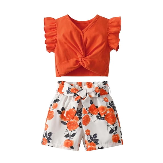 Toddler Girl Clothes Ruffle Short Sleeve Tops and Printed Shorts Outfits Set Orange 2-3 Years