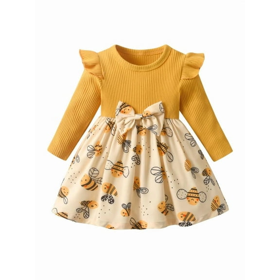 Toddler Baby Girl Clothes Ruffles Bee Long Sleeve Dress with Bow Fall Winter Outfit Yellow 6-9 Months