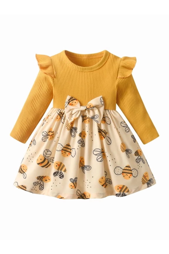Toddler Baby Girl Clothes Ruffles Bee Long Sleeve Dress with Bow Fall Winter Outfit Yellow 9-12 Months
