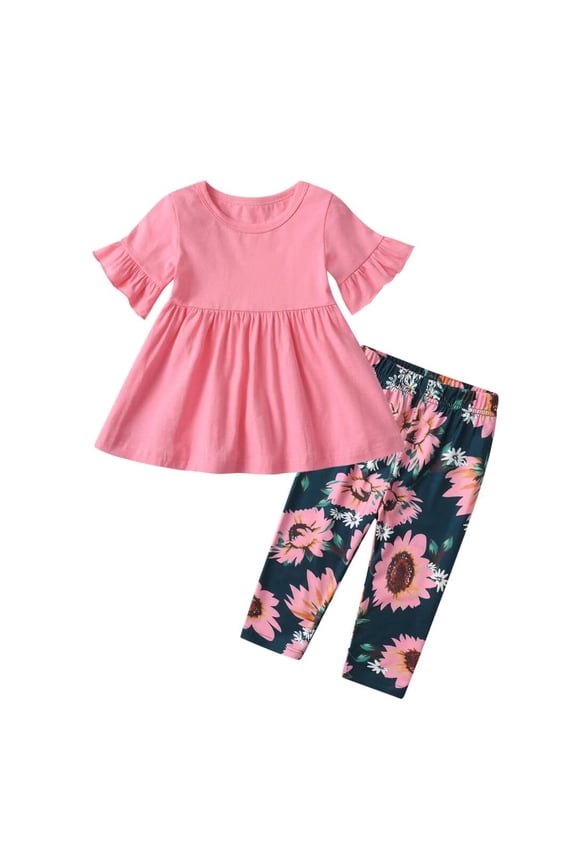 Toddler Baby Girl Clothes Summer Short Sleeve Ruffle Top Floral Pants Outfits Set Pink 3-4T
