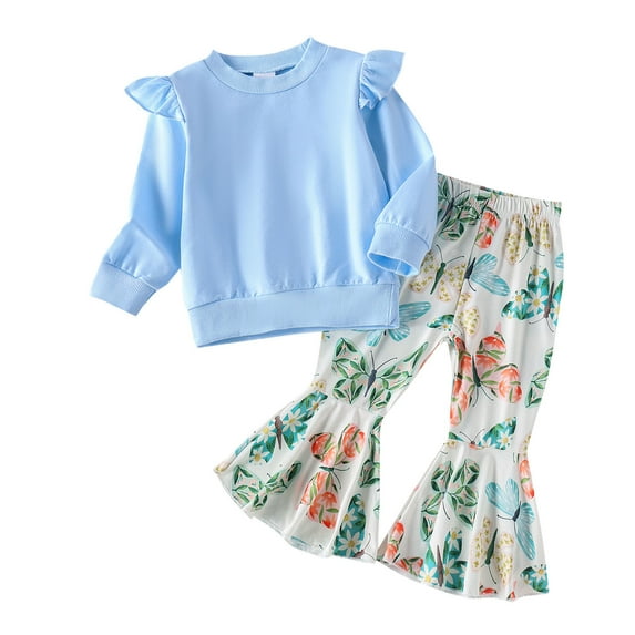 Toddler Baby Girl Clothes Smocked Girls Long Sleeve Tops Shirt Floral Print Bell Bottoms Pants Outfits Cute Girls Outfits Clothing for 3-4 Years