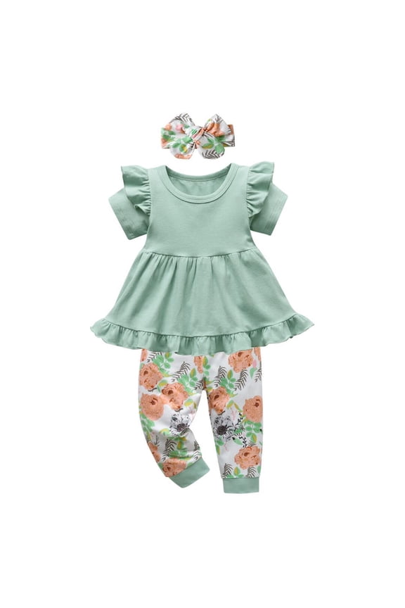 Toddler Baby Girl Clothes Solid Color Short Sleeve Ruffle Tops Pants Headband Outfits Set (12-18 Months, Green)