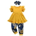 thumbnail image 1 of Toddler Baby Girl Clothes Solid Color Short Sleeve Ruffle Tops Pants Headband Outfits Set (18-24 Months, Yellow), 1 of 6