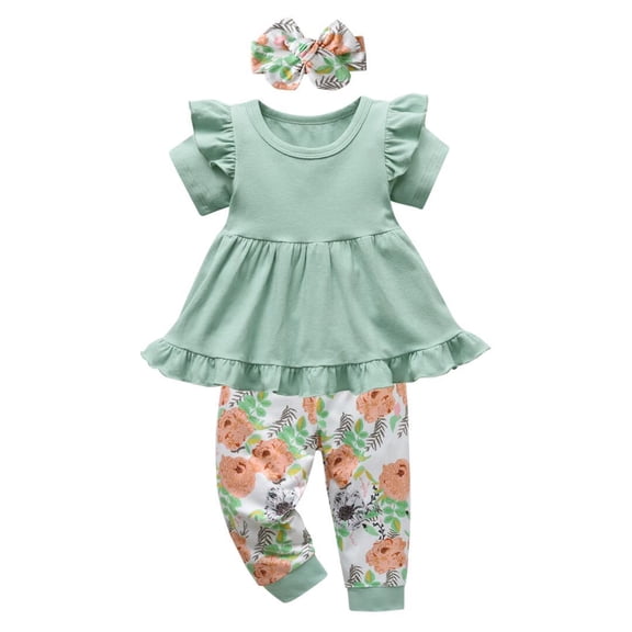 Toddler Baby Girl Clothes Solid Color Short Sleeve Ruffle Tops Pants Headband Outfits Set (6-9 Months, Green)