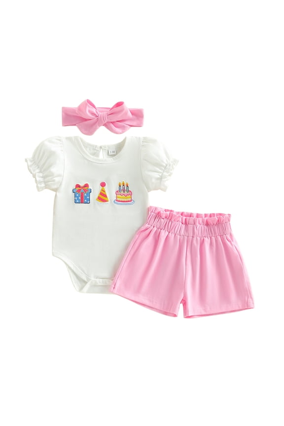 Toddler Baby Girl Clothes Summer Birthday Embroidery 3Pcs Outfits Ruffle Short Sleeves Romper T Shirt Elastic High Waist Shorts Set with Headband White 6-12 Months