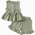 thumbnail image 1 of Toddler Baby Girl Clothes Summer Linen Outfit Bows Ruffle Vest Shirts + Ruffled Short Set Green 6-12 Months, 1 of 9
