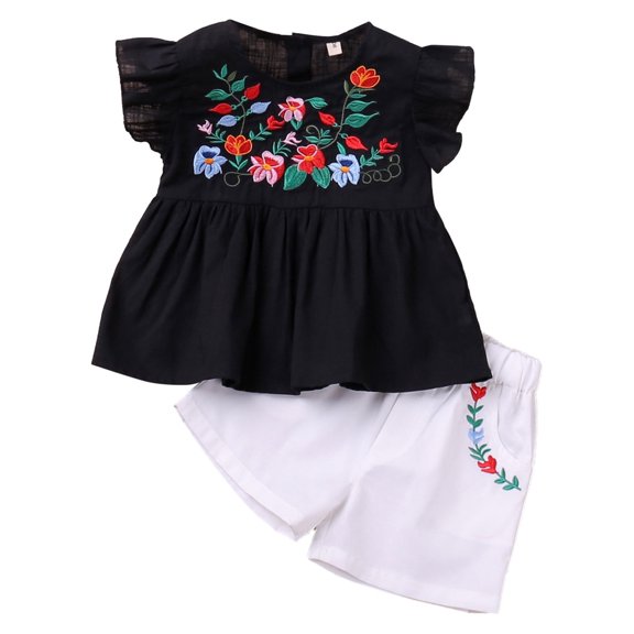 Toddler Baby Girl Clothes Summer Outfits Embroidery Short Sleeve T Shirt Casual Shorts Sets 2PCS Shorts Sets