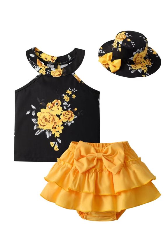 Toddler Baby Girl Clothes Summer Print Sleeveless Halter Top + Ruffle Short + Hat 3pcs Set Black 18-24 Months