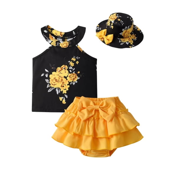 Toddler Baby Girl Clothes Summer Print Sleeveless Halter Top   Ruffle Short   Hat 3pcs Set Black 6-9 Months