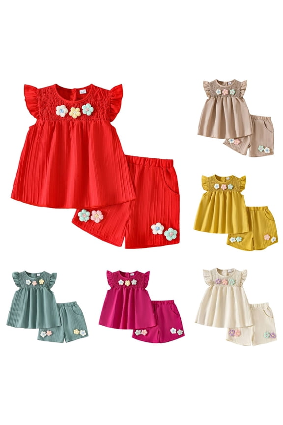 Toddler Baby Girl Clothes Summer Ribbed Knit Ruffle Short Sleeve Striped Print T-Shirt Tops Shorts Set Outfit Teen Girl Clothes Sets