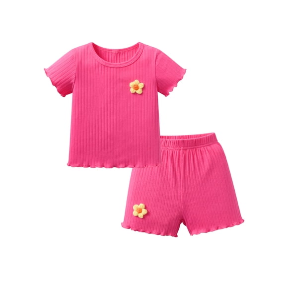 Toddler Baby Girl Clothes Summer Solid Short Sleeve Tops and Shorts Outfits Set Rose Red 12-18 Months