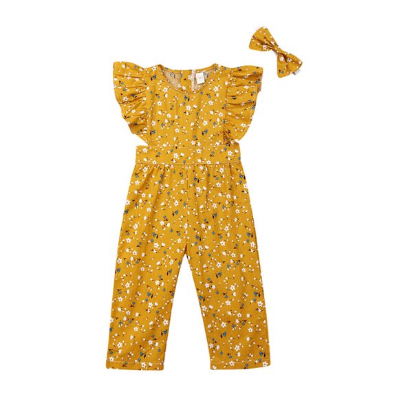 Toddler Baby Girl Clothes Yellow Small Floral Short-Sleeved Romper Jumpsuit Trousers with Headband One Piece Outfit