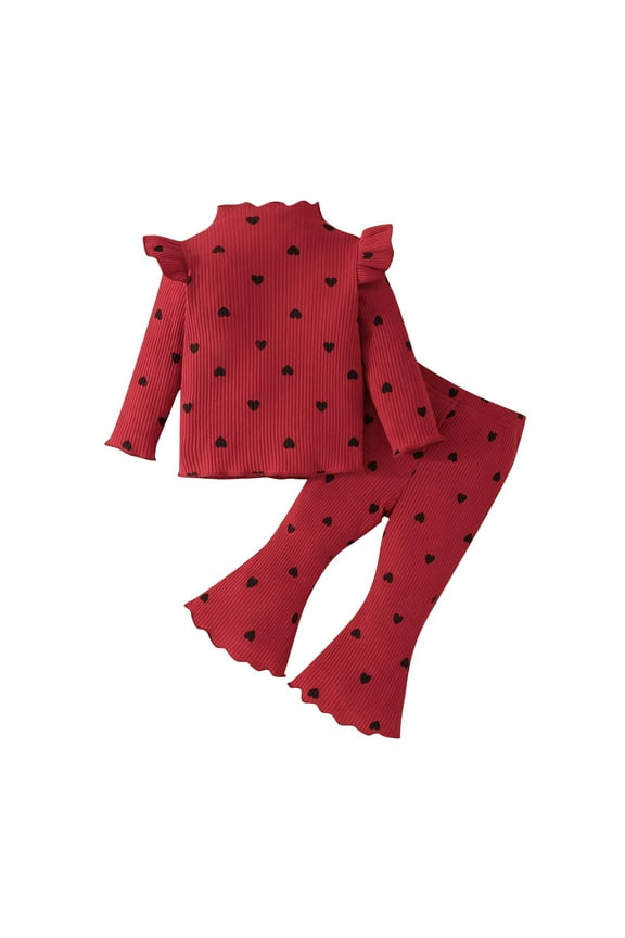 Toddler Baby Girl Clothing Sets Cute Heart Printing Casual Ruffles Long Sleeve Shirt and Flared Pants 2 Piece Set for Girls Outfits 3-24Months Girls Boutique Outfits