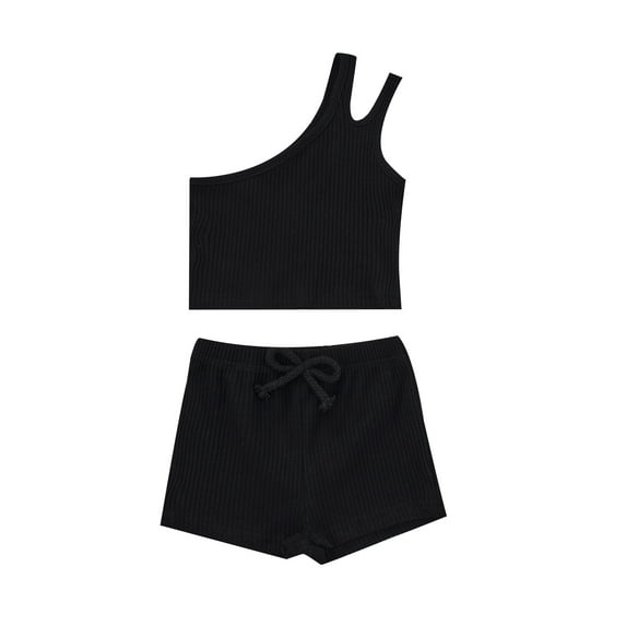 Toddler Baby Girl Cotton One Shoulder Tank Top Vest+Shorts Solid Color Two Piece Outfit Set Casual Summer Clothes