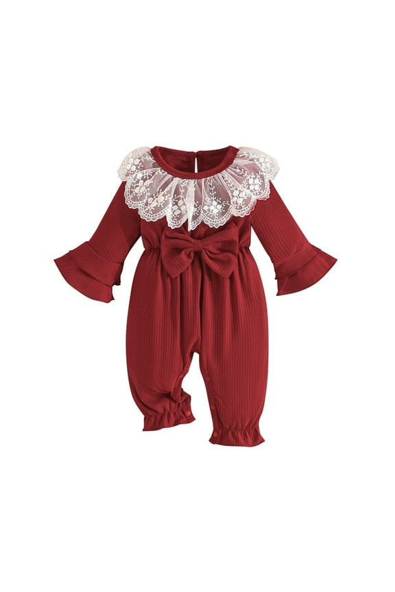 Toddler Baby Girl Crewneck Jumpsuit Ruffle Lace Trim with Bowknot Long Sleeve Casual Jumpsuit Newborn Fall Winter Cute Onesie