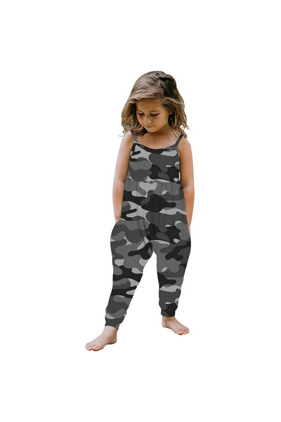 Toddler Baby Girl Cute Jumpsuit One Piece Sleeveless Camo Strap Romper with Pockets, Summer Mother and Child Camo Outfit(Gray,4 Years)