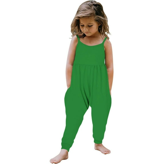 Toddler Baby Girl Cute Jumpsuit One Piece Sleeveless Solid Strap Romper with Pockets, Summer Mother and Child Fashion Outfit(Green,4 Years)