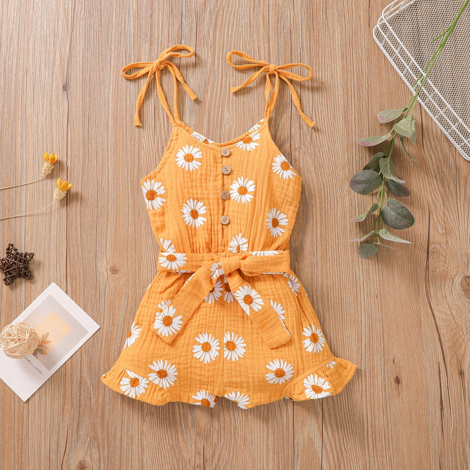 Toddler Girl 100% Cotton Floral Print Button Design Strap Romper Jumpsuit Shorts