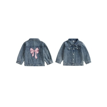 Toddler Baby Girl Denim Jacket Back Bow Pattern Lapel Neck Long Sleeve Coat Front Button-up Cute Fall Tops