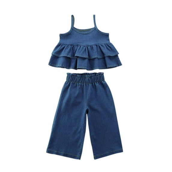 Toddler Baby Girl Denim Outfits Sleeveless Ruffled Halter Tops + Wide Leg Pants
