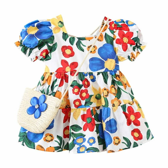 XUNKUSGA Toddler Baby Girl Dress With Bag Cotton Linen Ruffle Sleeveless Casual Dress Kids Solid Floral Summer Beach Sundress Baby Girls Princess Dresses 12 Months - 2 Years