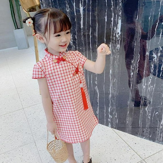 Toddler Baby Girl Dress Chinese Asian Qipao Plaid/Floral Printed Cheongsam Short Sleeve Summer Dress 1-6 Years