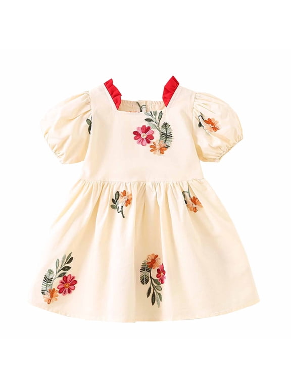 Toddler Baby Girl Dress Cotton Linen Ruffle Sleeveless Casual Dress Kids Solid Floral Summer Beach Sundress Baby Girls Princess Dresses 12 Months - 2 Years