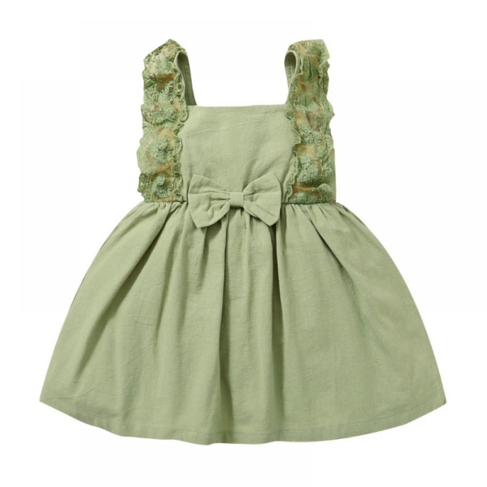 Baby Girl Dress Summer Cotton Linen Ruffle Halter Sleeveless Kids Casual  Beach Party Green Dresses 130cm