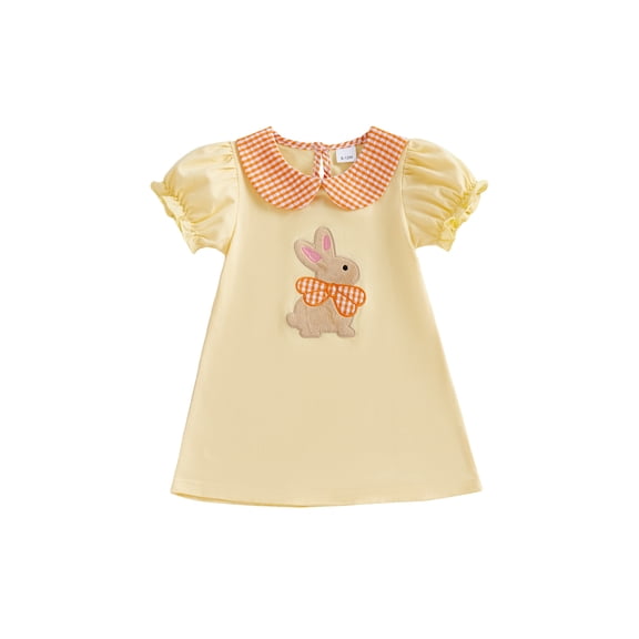 Toddler Baby Girl Easter Dress Puff Short Sleeve Doll Collar Bunny Embroidery A Line Dress 1-5Years