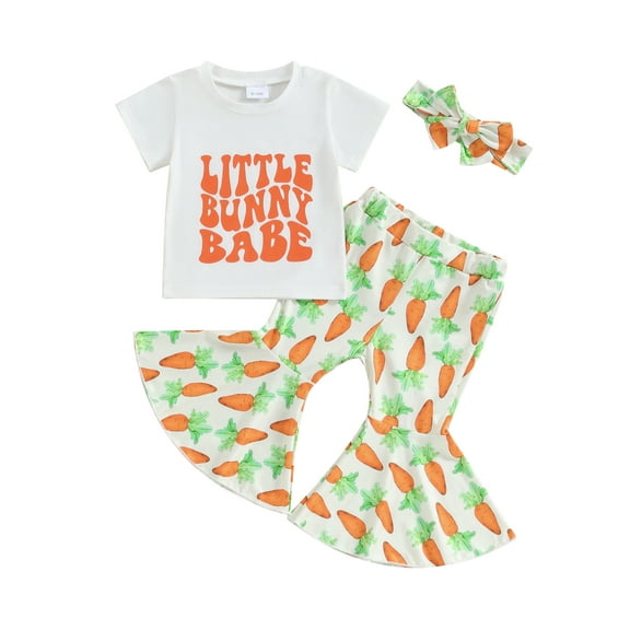 Toddler Baby Girl Easter Outfit 3M 12M 18M 2T 3T 4T Short Sleeve T-Shirts Carrot Print Flare Pants Headband 3Pcs Summer Clothes Set