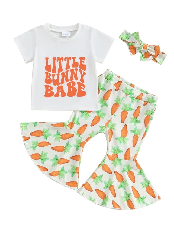 Toddler Baby Girl Easter Outfit 3M 12M 18M 2T 3T 4T Short Sleeve T-Shirts Carrot Print Flare Pants Headband 3Pcs Summer Clothes Set