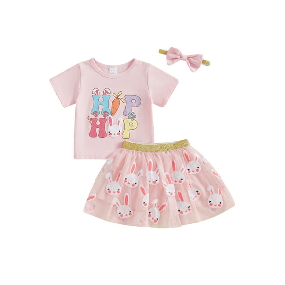 Toddler Baby Girl Easter Outfit 6 12 18 24 Months 2T 3T 4T Letter Print Short Sleeve T-Shirt with Sequin Bunny Tulle Skirt and Bow Headband 3 Pcs Clothing Set
