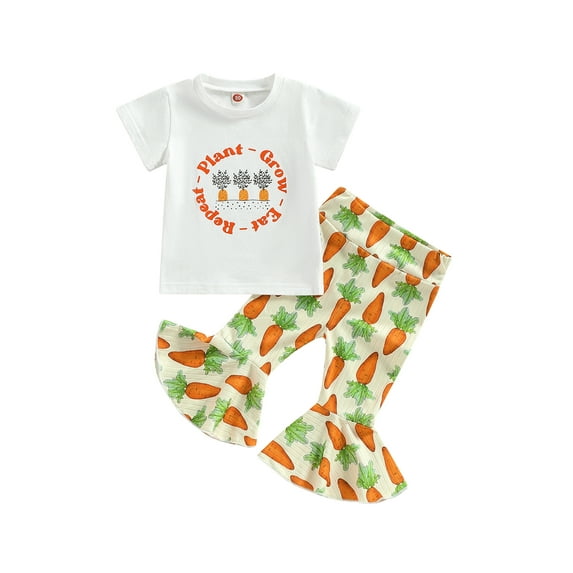 Toddler Baby Girl Easter Outfit 6M 12M 18M 2T 3T 4T Carrot Bunny Print Short Sleeve T-Shirts Flare Pants 2Pcs Summer Clothes Set