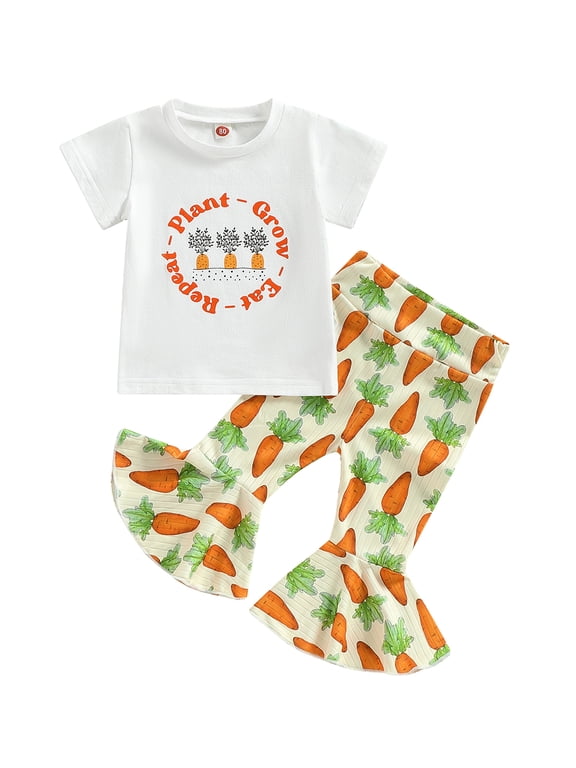 Toddler Baby Girl Easter Outfit 6M 12M 18M 2T 3T 4T Carrot Bunny Print Short Sleeve T-Shirts Flare Pants 2Pcs Summer Clothes Set