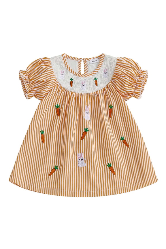Toddler Baby Girl Easter Outfit Summer Peter Pan Collar Puff Sleeve Ruffled Bunny/Carrots Embroidery Dress
