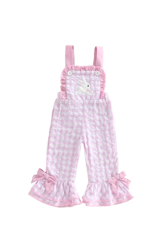 Toddler Baby Girl Easter Outfit Bunny Embroidery Sleeveless Romper Bell Bottom Overalls Suspender Jumpsuit Pants Cute Spring Fall Clothes