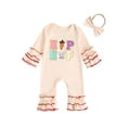 thumbnail image 1 of Toddler Baby Girl Easter Outfit Bunny/Letter Embroidery Ruffled Long Sleeve Crewneck Jumpsuit Romper with Bow Headband Set, 1 of 8