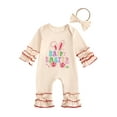 thumbnail image 1 of Toddler Baby Girl Easter Outfit Bunny/Letter Embroidery Ruffled Long Sleeve Crewneck Jumpsuit Romper with Bow Headband Set, 1 of 8