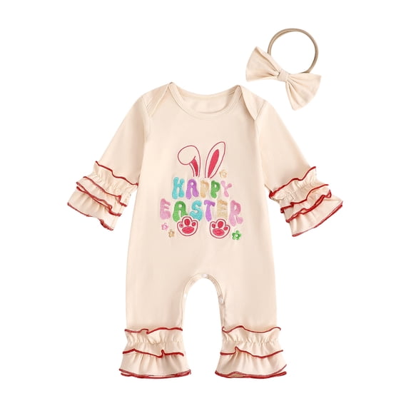 Toddler Baby Girl Easter Outfit Bunny/Letter Embroidery Ruffled Long Sleeve Crewneck Jumpsuit Romper with Bow Headband Set