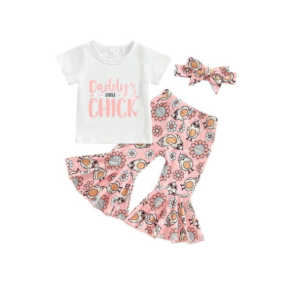 Toddler Baby Girl Easter Outfit Bunny Rabbit Short Sleeve T-Shirt Tops Bell-Bottom Flared Pants Sets Clothes