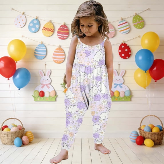 Toddler Baby Girl Easter Outfit Jumpsuit Spaghetti Strap Overalls Romper Bell Bottoms Pants Cute Clothes Purple 2-3 Years