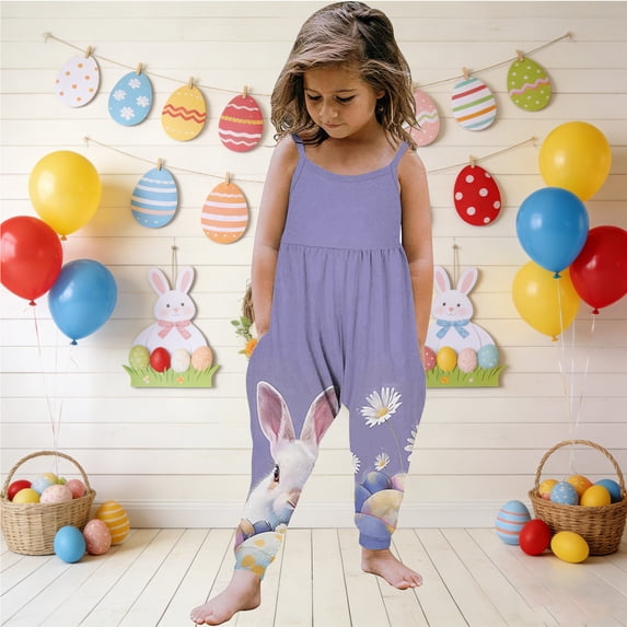 Toddler Baby Girl Easter Outfit Jumpsuit Spaghetti Strap Overalls Romper Bell Bottoms Pants Cute Clothes Purple A 5-6 Years