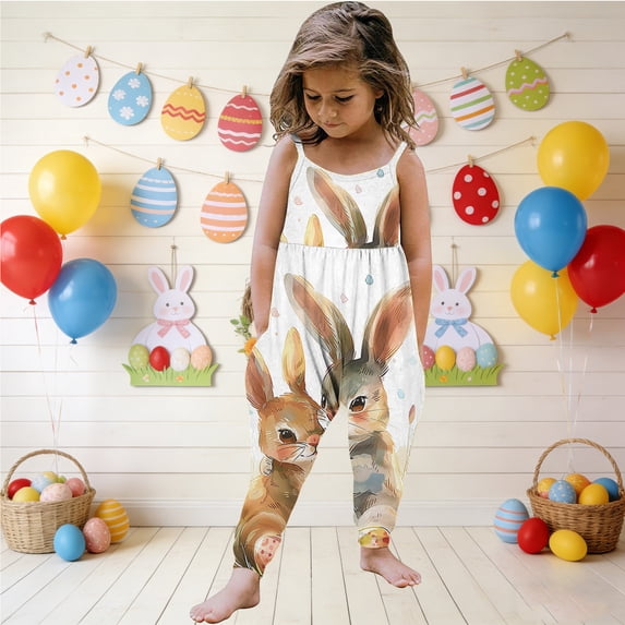 Toddler Baby Girl Easter Outfit Jumpsuit Spaghetti Strap Overalls Romper Bell Bottoms Pants Cute Clothes White 2-3 Years