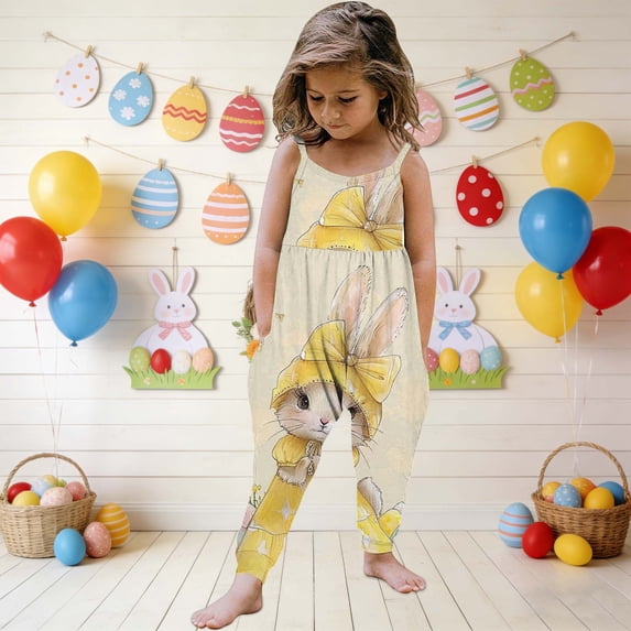 Toddler Baby Girl Easter Outfit Jumpsuit Spaghetti Strap Overalls Romper Bell Bottoms Pants Cute Clothes Yellow A 1-2 Years