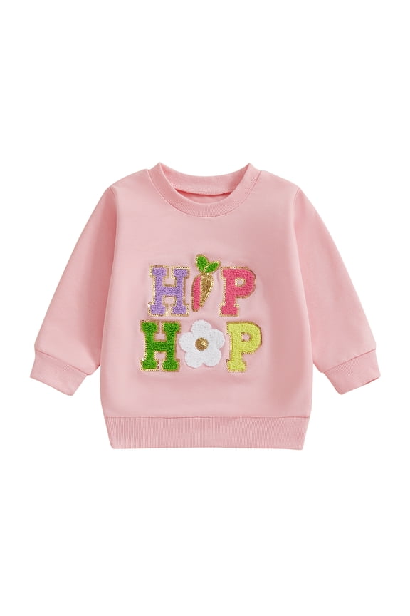 Toddler Baby Girl Easter Outfit Sequin Letter Embroidery Long Sleeve Crewneck Sweatshirt Tops Cute Spring Clothes