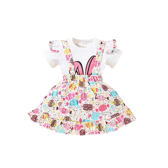 Toddler Baby Girl Easter Outfits 2Pcs T-Shirt Strap Dress Short Sleeve Top Bunny Print Overalls Skirt Clothes Set